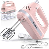 300W Hand Electric Mixer – 5 Speeds + Turbo, 5 Stainless Steel Attachments, Pink, Ultra Power Kitchen Baking Blender